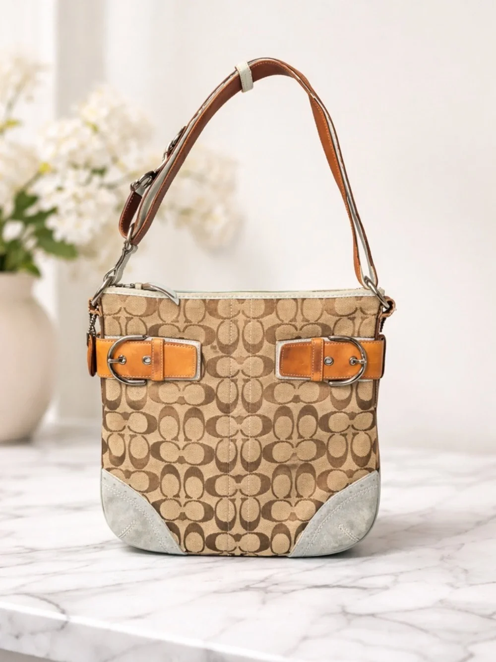 Coach Soho Signature Shoulder Bag Y2K 2006 Buckle Canvas Blue Trim